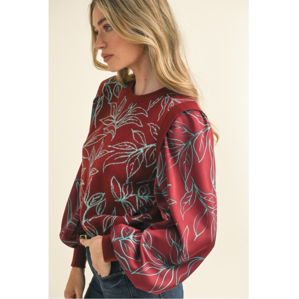 333 • Burgundy Sky Mixed Media Knit Top  w/Woven Silky Sleeves & Ribbed Details
